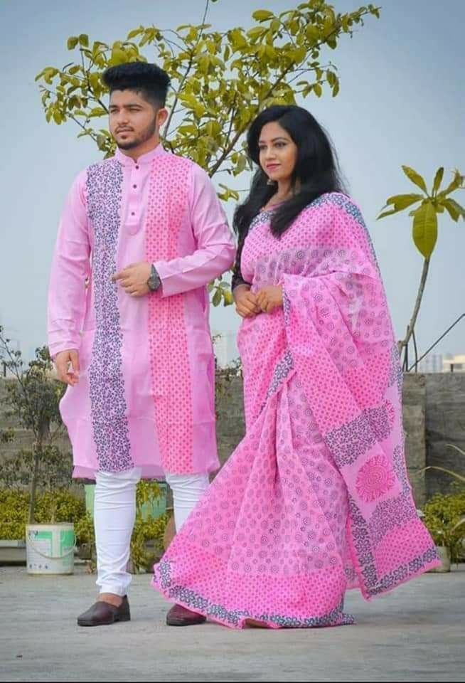 স্টাইলিশ ও ইউনিক ম্যাচিং কাপল সেট(শাড়ী+পাঞ্জাবি)-127