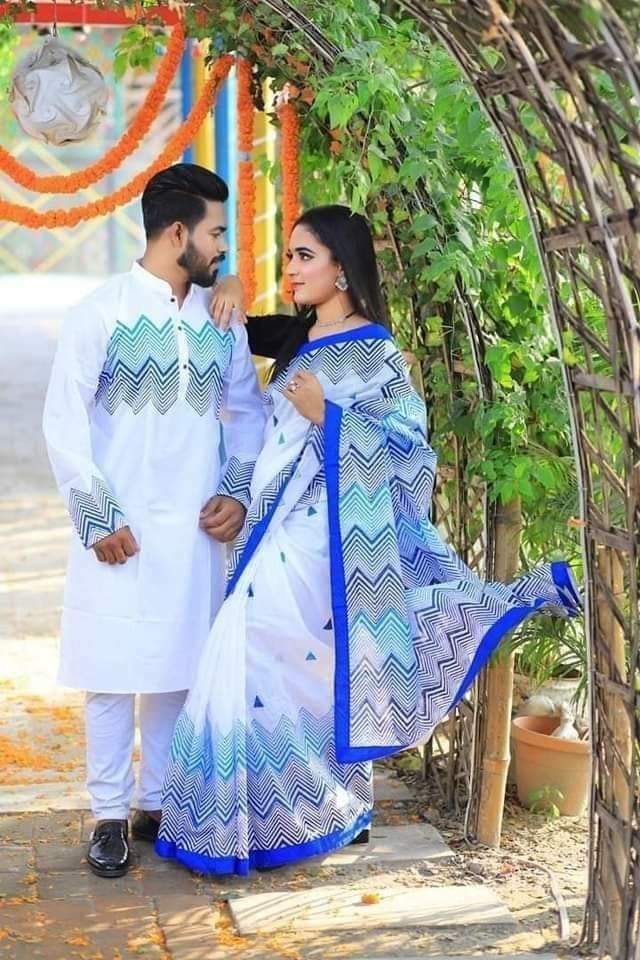 স্টাইলিশ ও ইউনিক ম্যাচিং কাপল সেট(শাড়ী+পাঞ্জাবি)-133