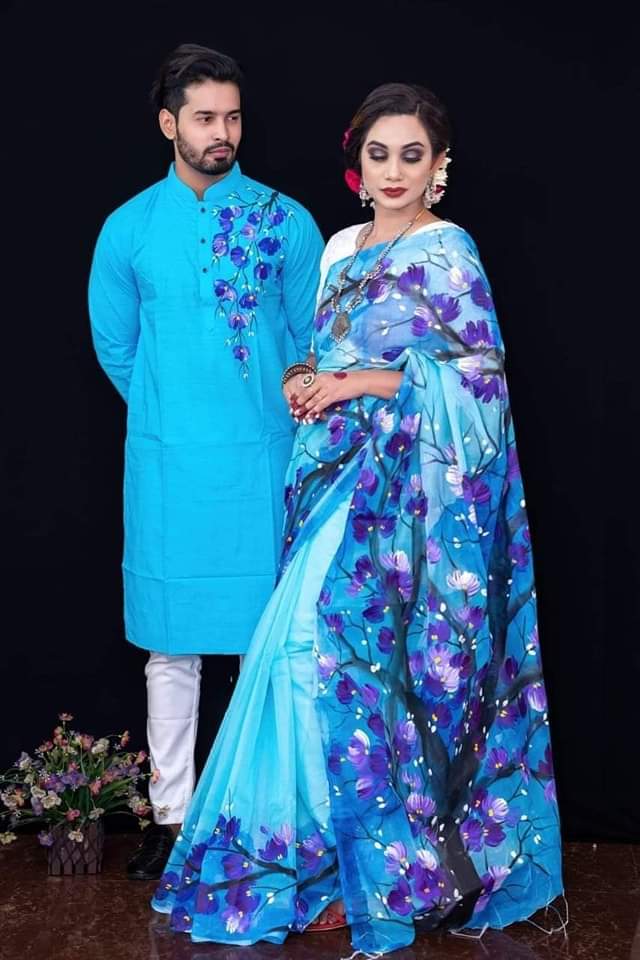 স্টাইলিশ ও ইউনিক ম্যাচিং কাপল সেট(শাড়ী+পাঞ্জাবি)-134