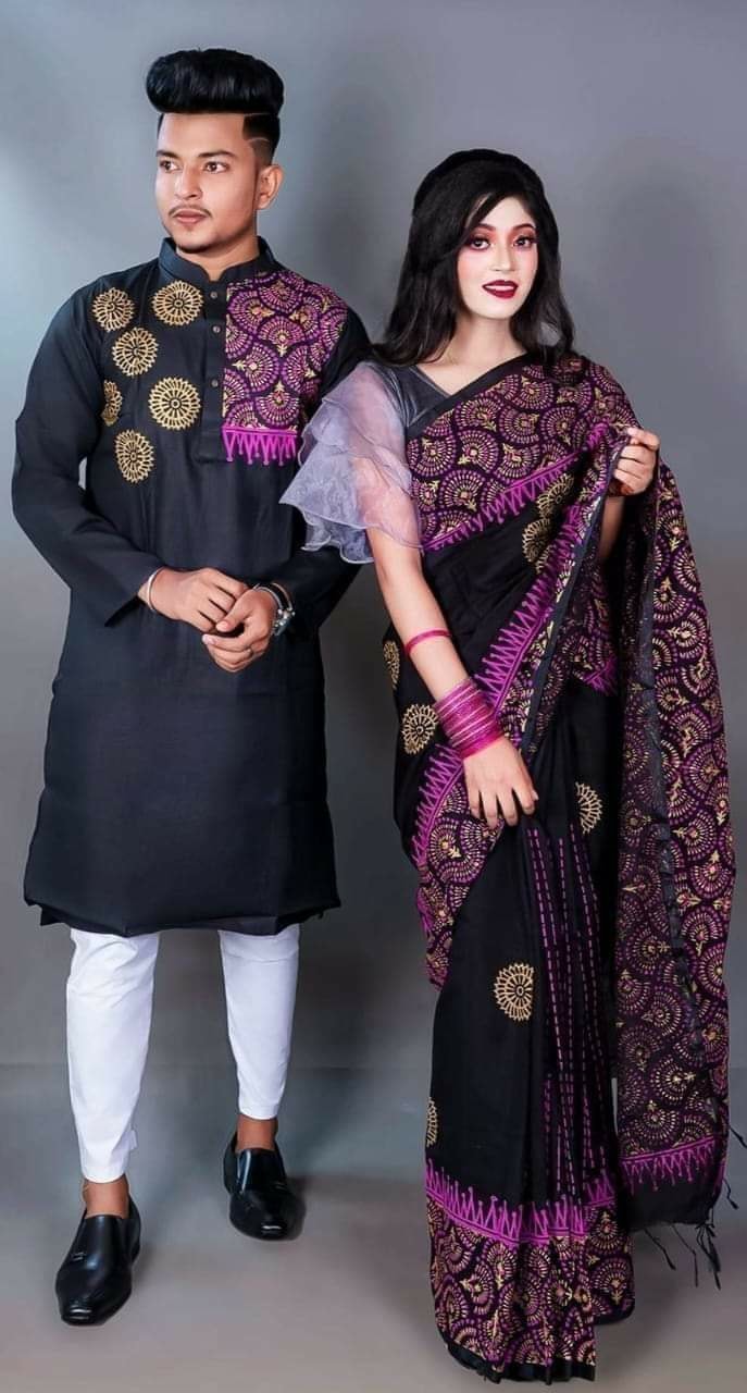 স্টাইলিশ ও ইউনিক ম্যাচিং কাপল সেট(শাড়ী+পাঞ্জাবি)-145