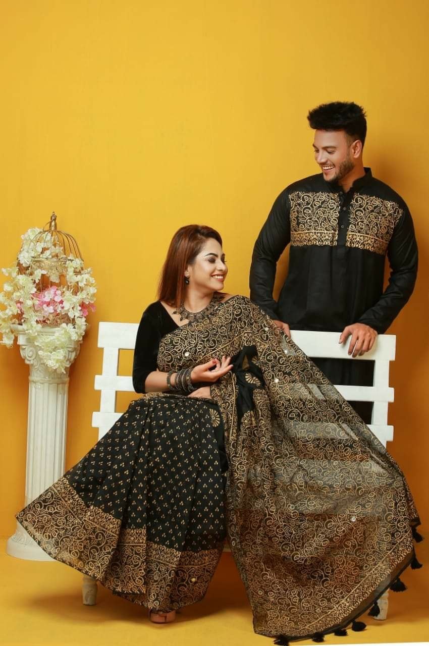 স্টাইলিশ ও ইউনিক ম্যাচিং কাপল সেট(শাড়ী+পাঞ্জাবি)-151