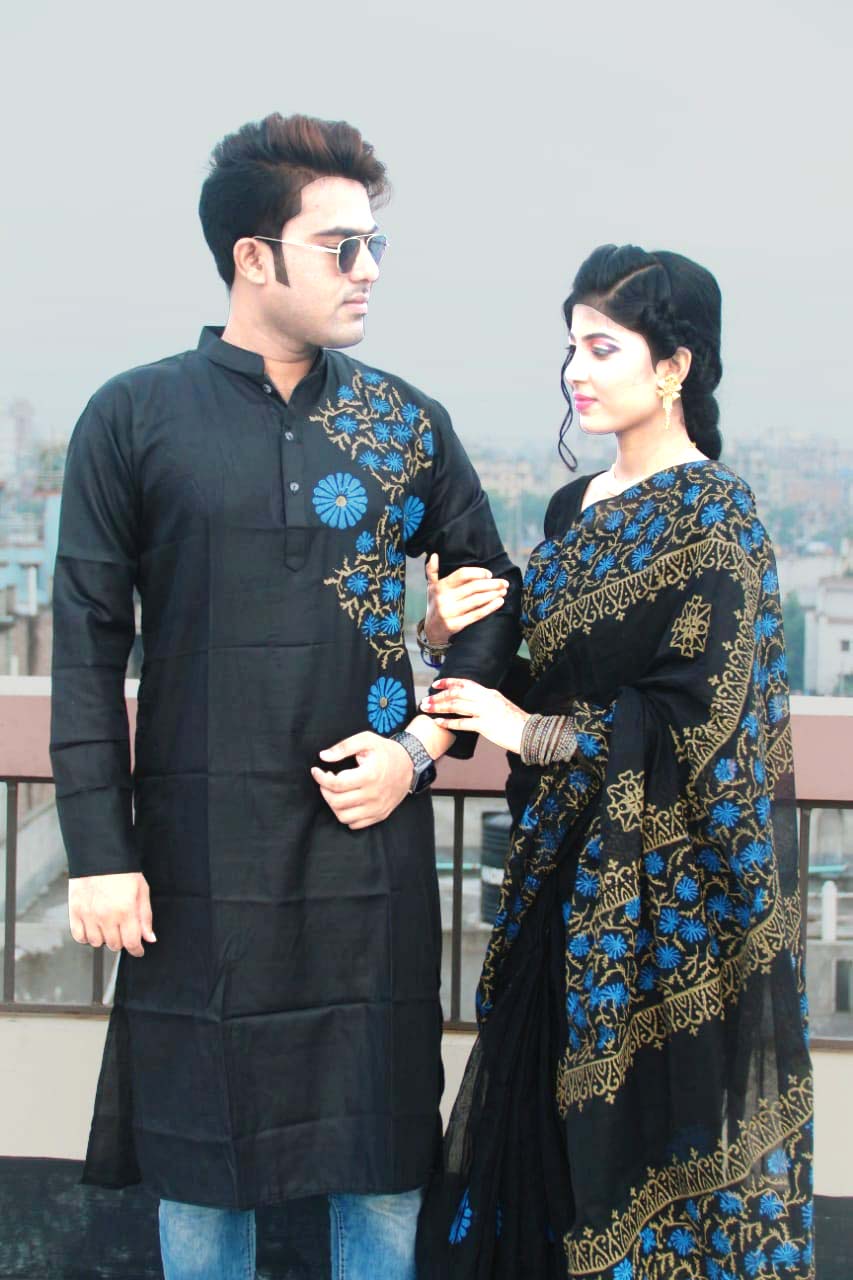 স্টাইলিশ ও ইউনিক ম্যাচিং কাপল সেট(শাড়ী+পাঞ্জাবি)-165